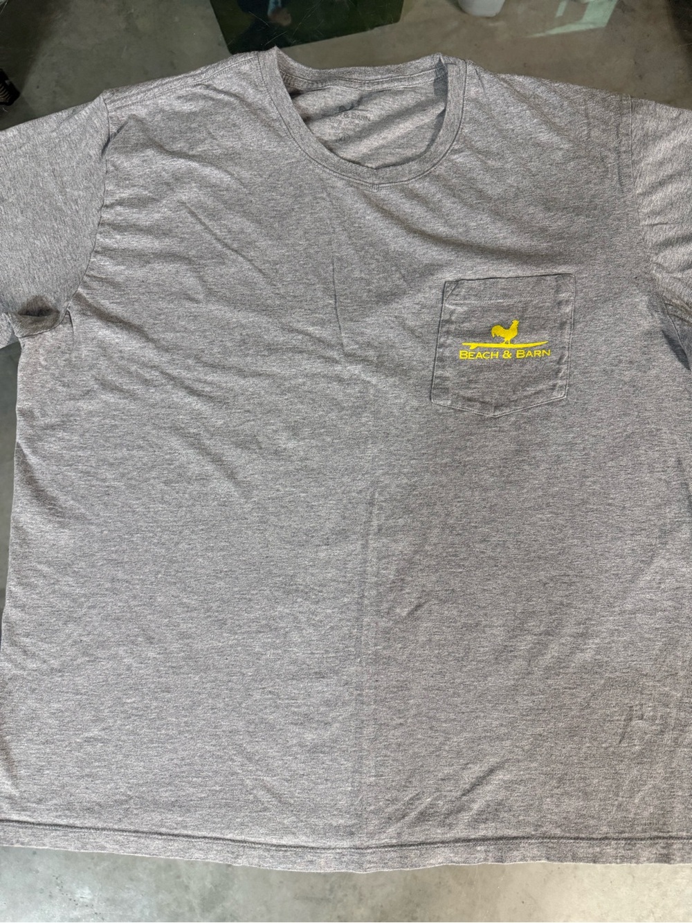 Men's Gray Short-Sleeve Pocket Tee with Yellow Beach and Barn Logo XL